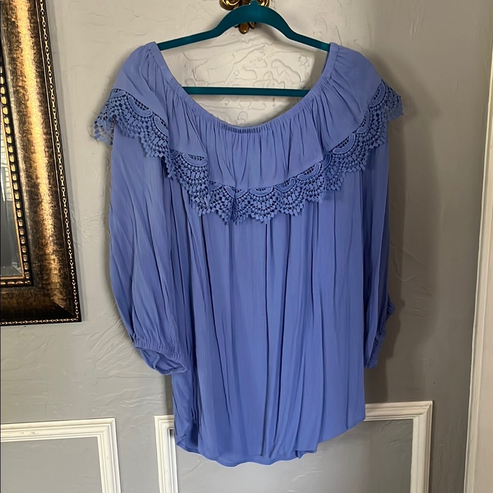 Elegant Blue Lace Trim Women's Top
